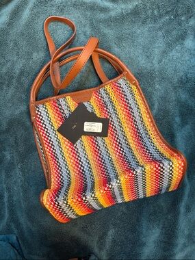 Rag&Bone Multi-Stripe Woven Tote Bag with Brown Leather handles and trim
